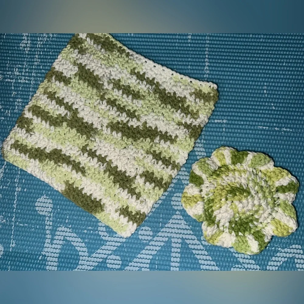 Green and White Handmade Cotton Multi Use Washcloth Set